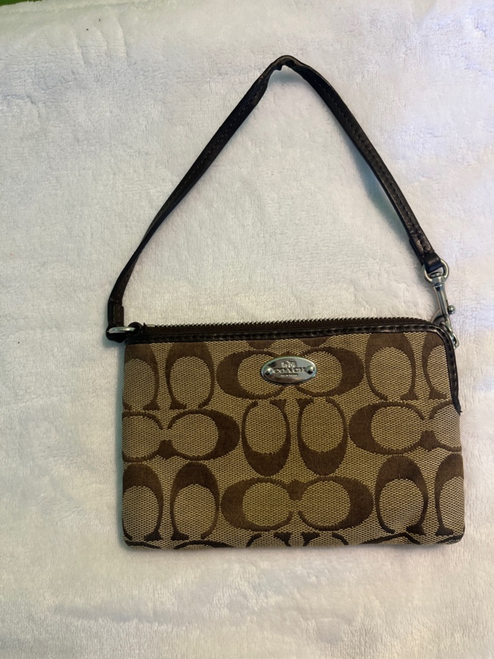 Coach Brown Signature Canvas Wristlet with Dark Brown Leather Strap